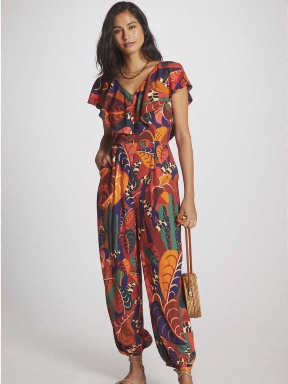 Farm Rio x Anthropologie Ruffled Jumpsuit,  known as Abstract Ruffled Jumpsuit
